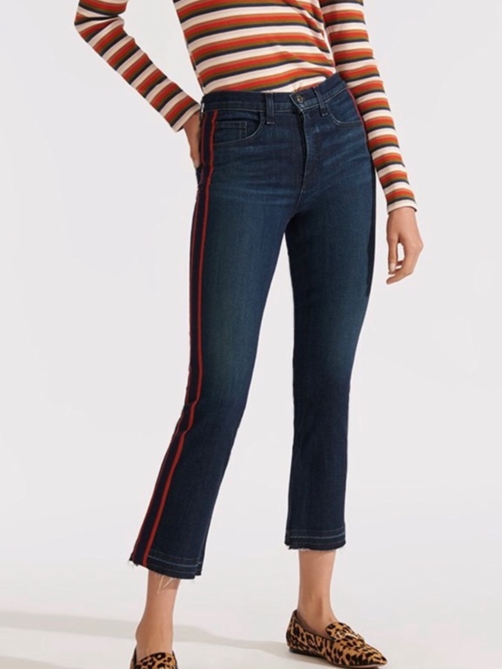 Veronica Beard High-Rise Cropped Jeans in Dark Blue with Red Stripe